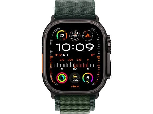 Apple Watch Ultra 2 (2024), GPS + Cellular, 49 mm, cassa in titanio nero, gesto doppio tocco, cinturino Alpine Loop verde scuro, taglia L