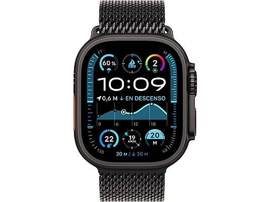 Apple Watch Ultra 2 (2024), GPS + Cellular, 49 mm, cassa in titanio nero, gesto doppio tocco, cinturino in maglia milanese in titanio nero, taglia S